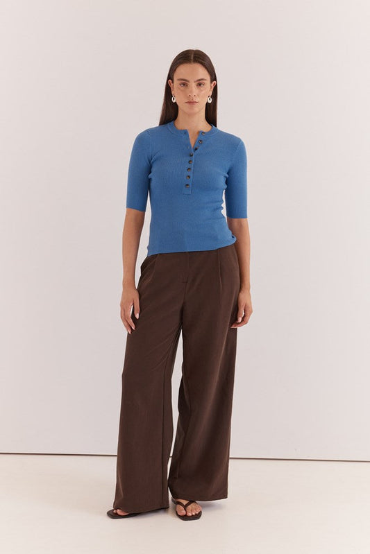 Image of a model wearing Tops. Product name - Lilee Rib Knit Azure in Azure colour by brand - Sass Clothing