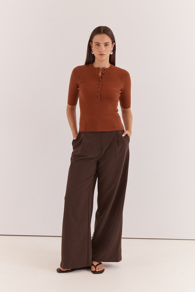 Image of a model wearing Tops. Product name - Lilee Rib Knit Cognac in Cognac colour by brand - Sass Clothing