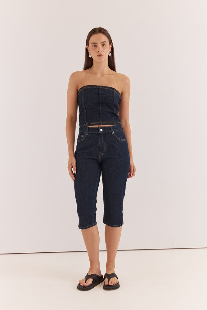 Image of a model wearing Pants. Product name - Lela Denim Pedal Pusher Jean Rinse Wash in Rinse Wash colour by brand - Sass Clothing