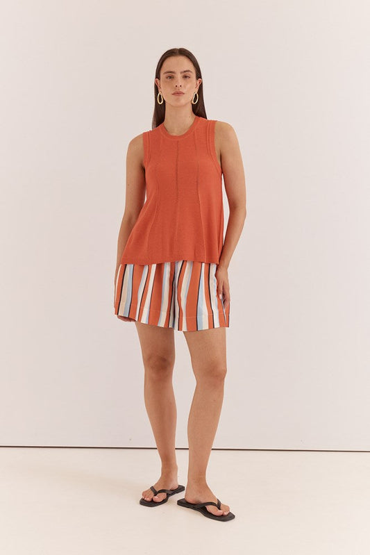 Image of a model wearing Tops. Product name - Krista Pointelle Tank in Burnt Orange colour by brand - Sass Clothing