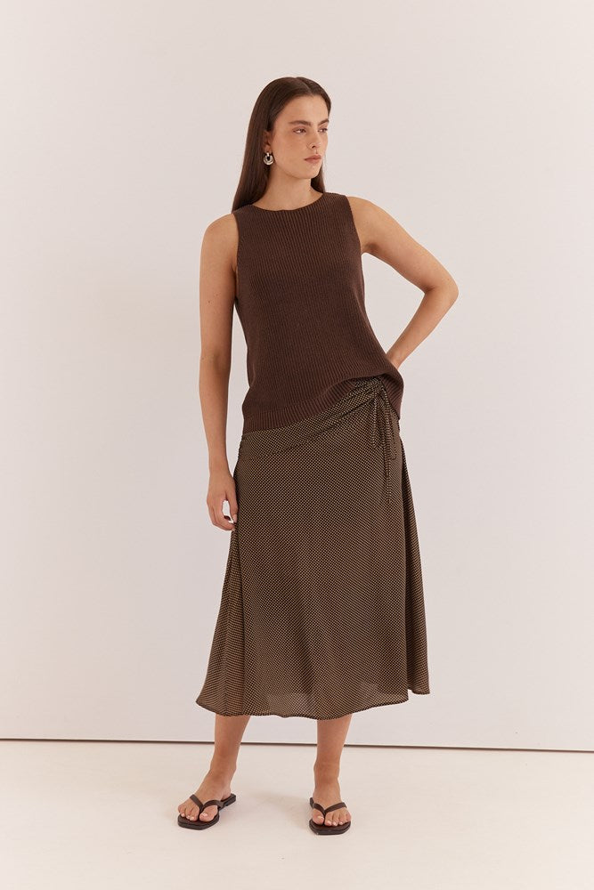 Image of a model wearing Tops. Product name - Kiani Knit Tank Chocolate in Chocolate colour by brand - Sass Clothing