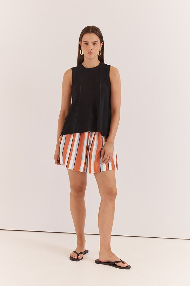 Image of a model wearing Shorts. Product name - Sarah Relaxed Short in Multi Stripe Print colour by brand - Sass Clothing