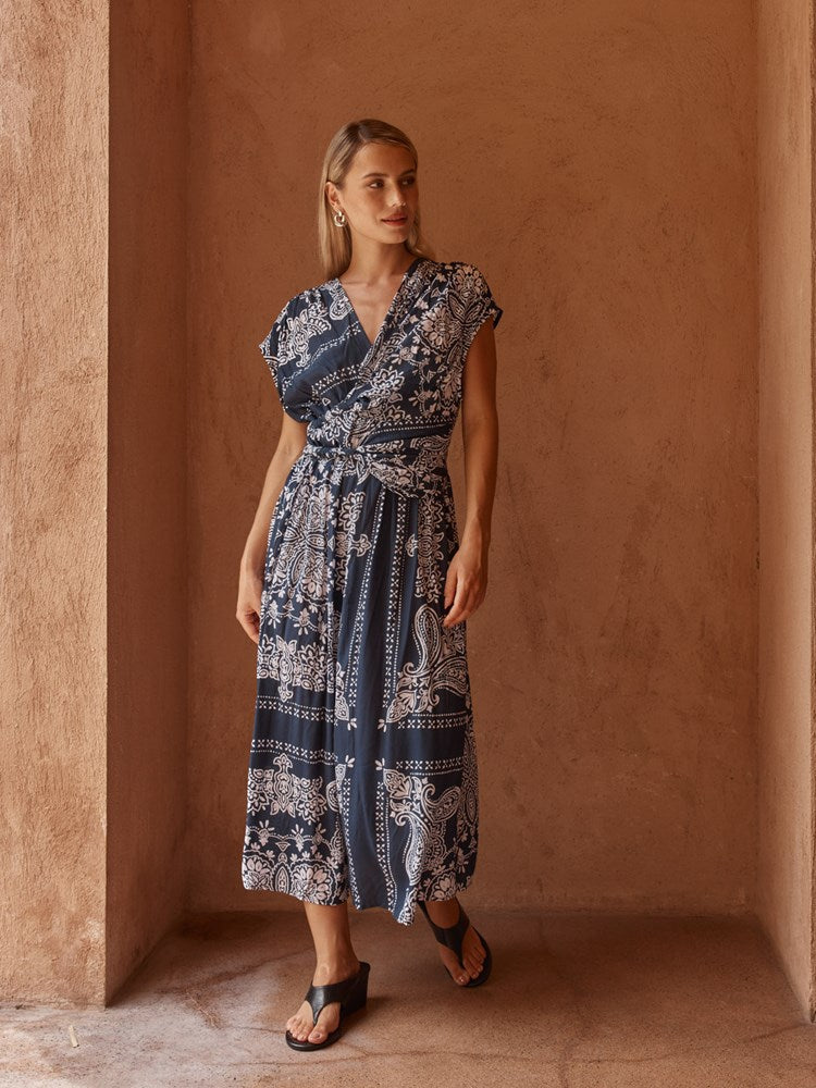 Image of Dresses. Product name - Zendeya Twist Midi Dress Bandana Print in Bandana Print colour by brand - Sass Clothing