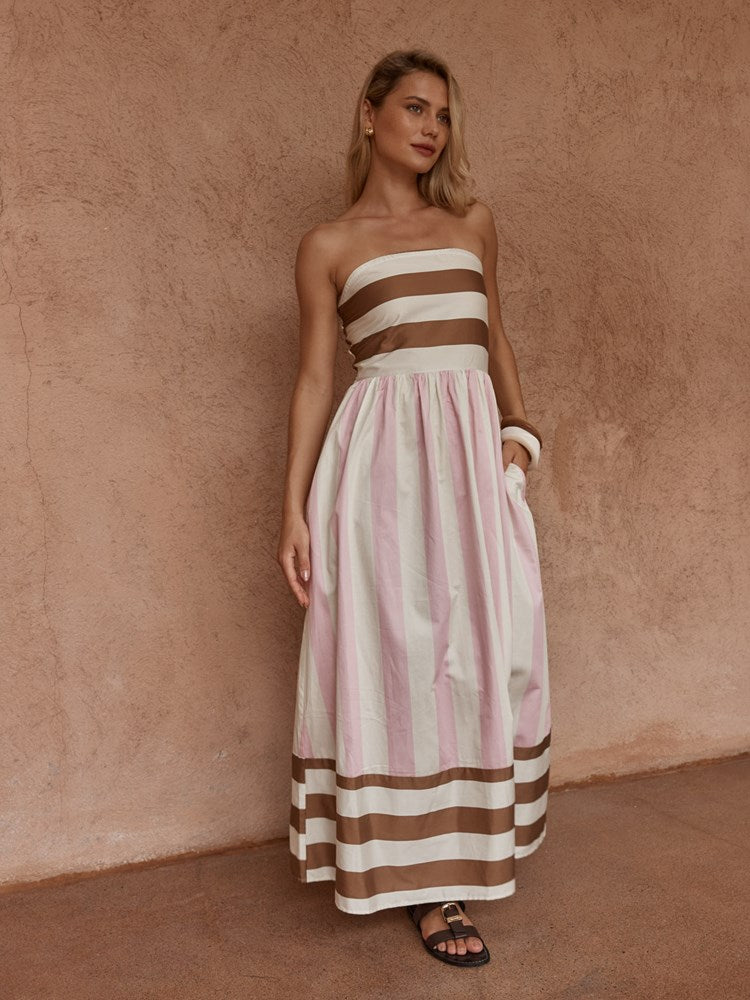 Image of Dresses. Product name - Nea Spliced Strapless Dress Neapolitan in Neapolitan colour by brand - Sass Clothing