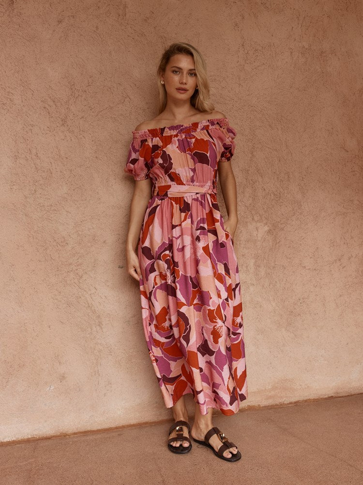 Image of Dresses. Product name - Jo Off Shoulder Dress Peony Print in Peony Print colour by brand - Sass Clothing