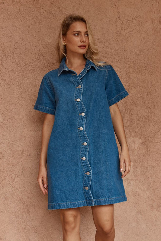 Image of Dresses. Product name - Pepe Wave Denim Dress Classic Blue in Classic Blue colour by brand - Sass Clothing