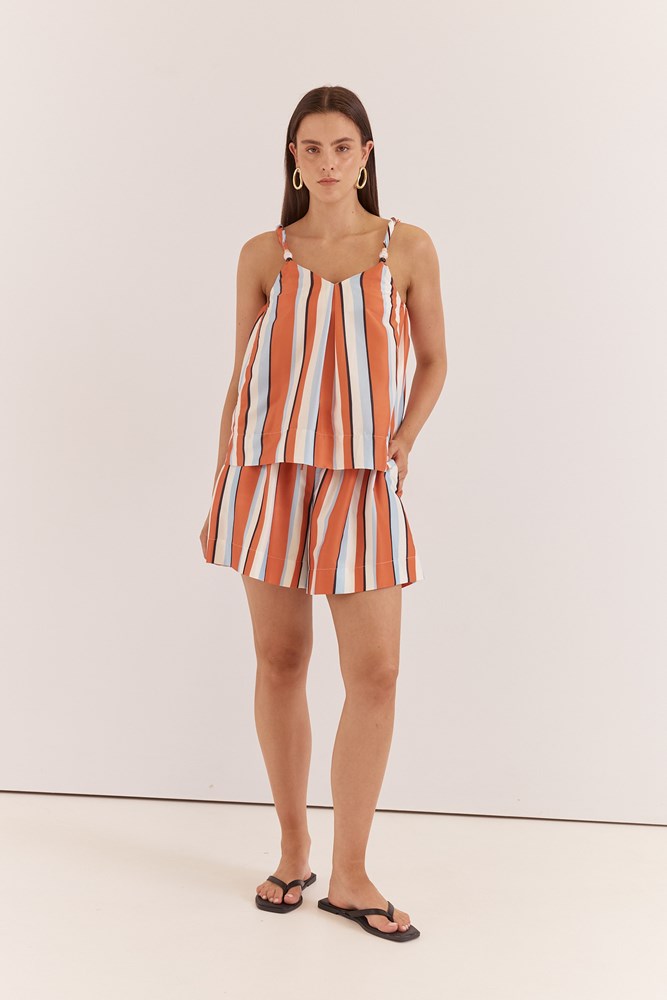 Image of a model wearing Tops. Product name - Fran Stripe Tank in Multi Stripe Print colour by brand - Sass Clothing