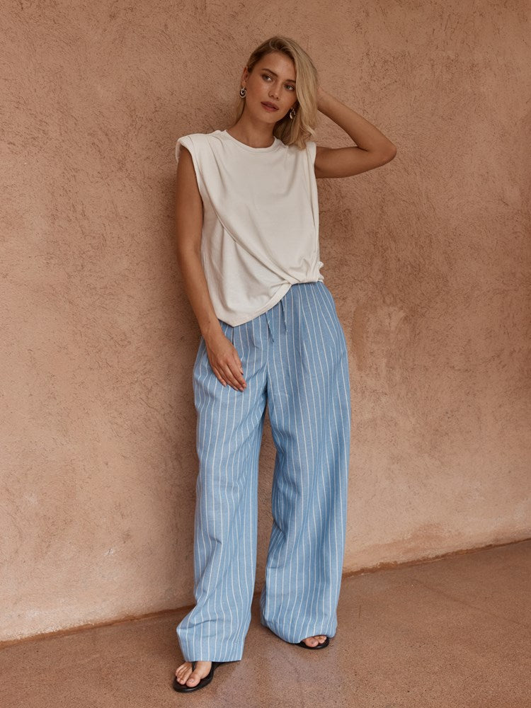 Image of a model wearing Pants. Product name - Beth Tailored Pant Blue White in Blue White colour by brand - Sass Clothing