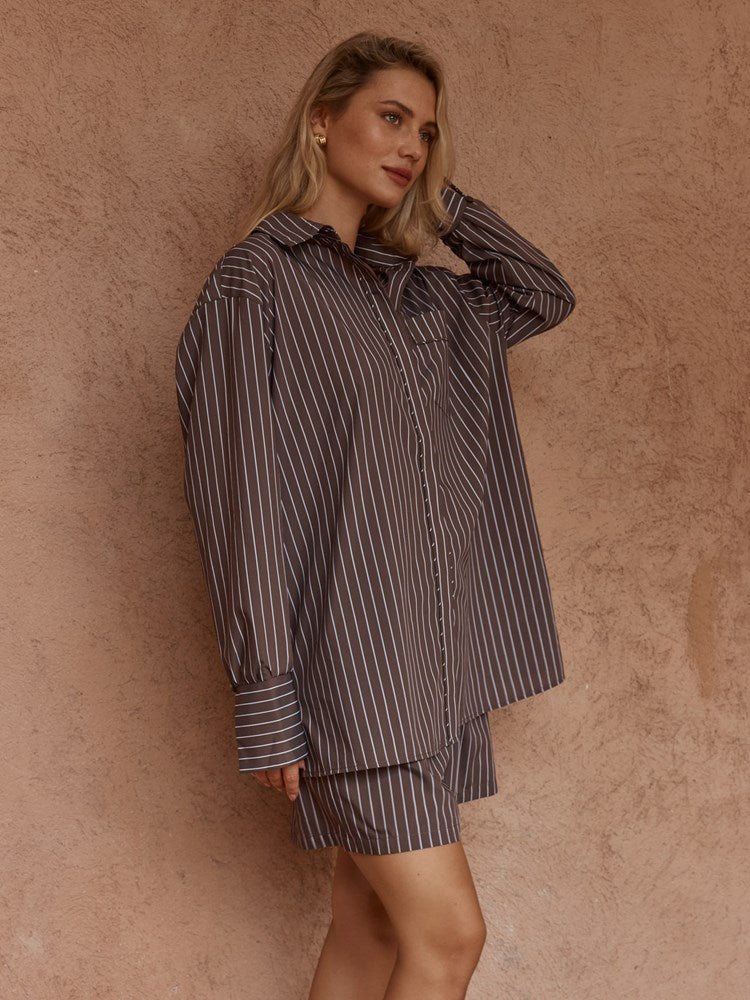 Sass Clothing Marty Piped Stripe Shirt (Choc Stripe)