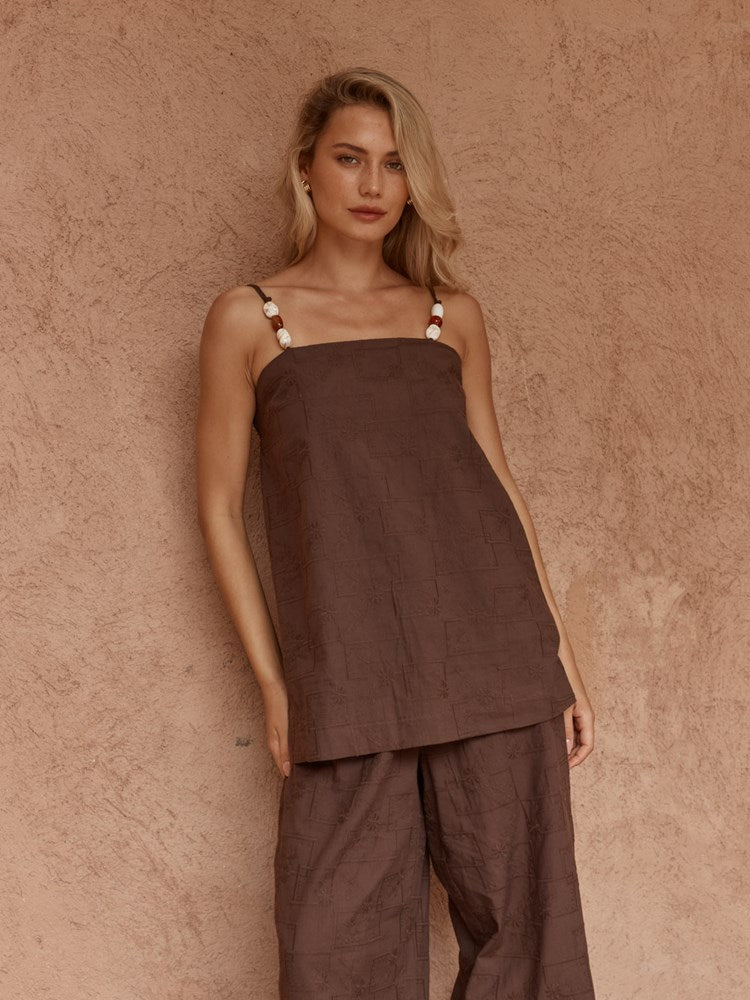 Image of a model wearing Tops. Product name - India Embroidered Tunic Chocolate in Chocolate colour by brand - Sass Clothing