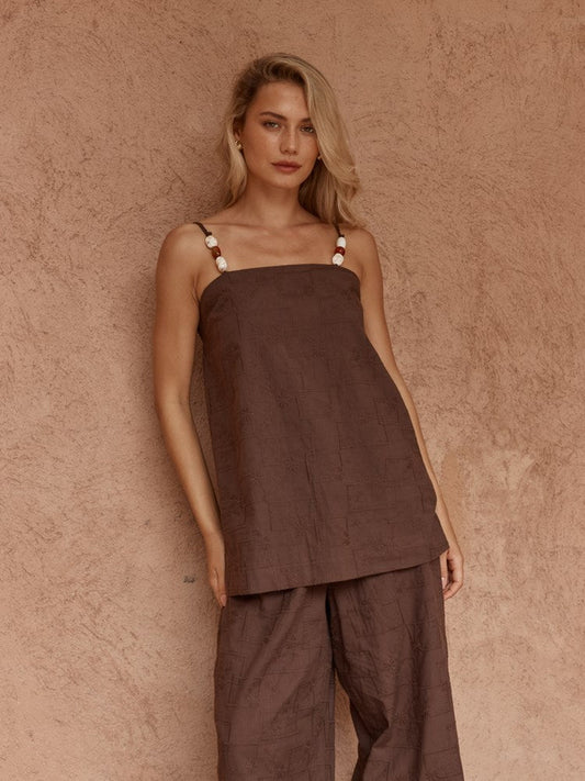 Image of a model wearing Tops. Product name - India Embroidered Tunic Chocolate in Chocolate colour by brand - Sass Clothing