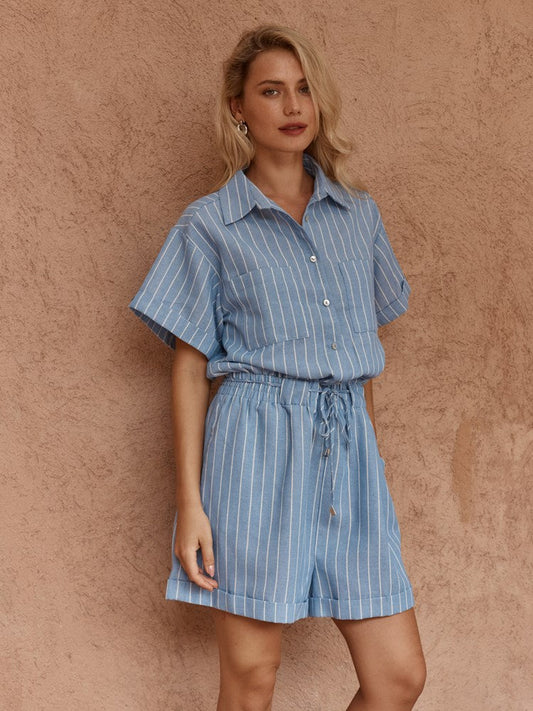 Image of Dresses. Product name - Trines Stripe Resort Playsuit Blue White in Blue White colour by brand - Sass Clothing