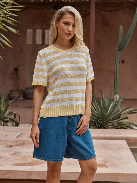 Image of a model wearing Tops. Product name - Jules Stripe Tee Lemon / White in Lemon / White colour by brand - Sass Clothing