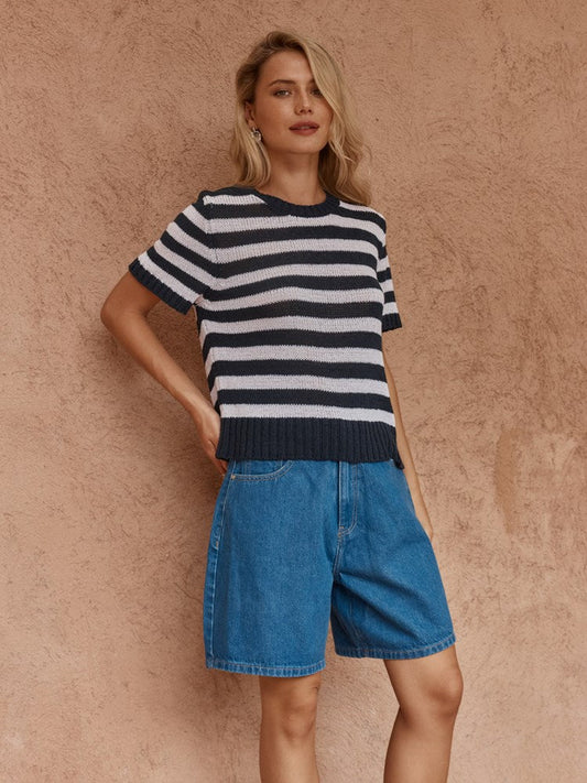 Image of a model wearing Tops. Product name - Jules Stripe Tee Navy/ White in Navy/ White colour by brand - Sass Clothing