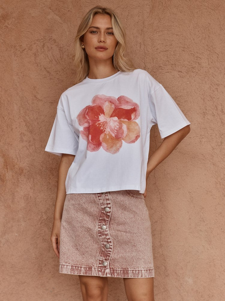 Image of a model wearing Tops. Product name - Salore Printed Tee Peony Print in Peony Print colour by brand - Sass Clothing