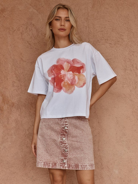 Image of a model wearing Tops. Product name - Salore Printed Tee Peony Print in Peony Print colour by brand - Sass Clothing
