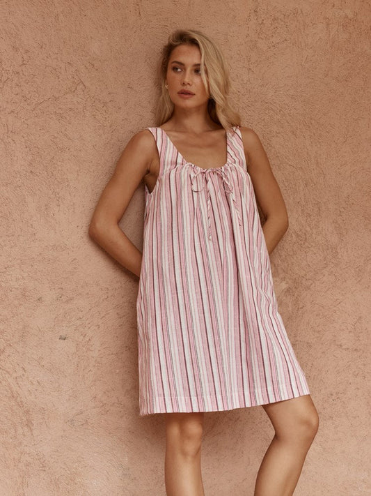 Image of Dresses. Product name - Nikolai Multi Stripe Mini Dress Pink Multi in Pink Multi colour by brand - Sass Clothing