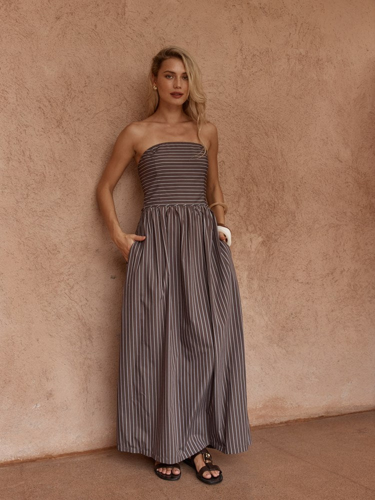 Image of Dresses. Product name - Everley Strapless Dress Choc Stripe in Choc Stripe colour by brand - Sass Clothing