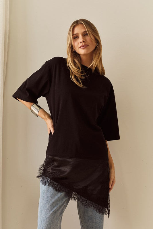 Image of a model wearing Tops. Product name - Arlo Jersey Lace Tee in Black colour by brand - Sass Clothing