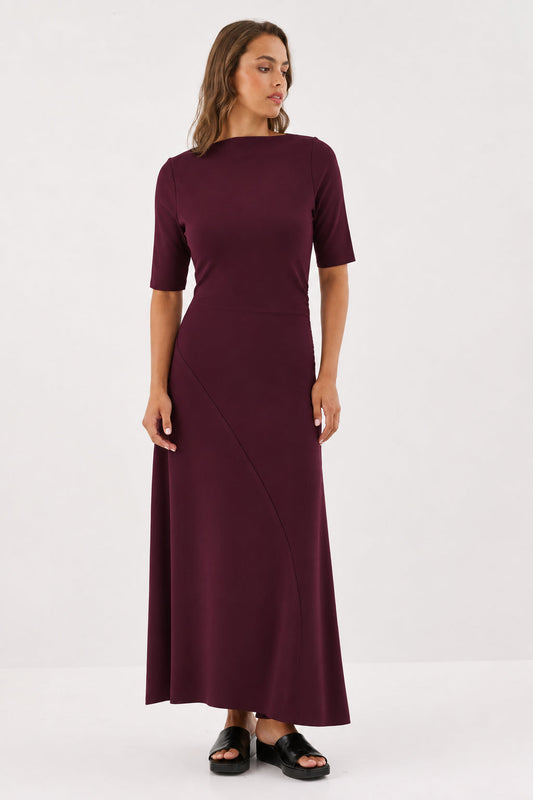 Image of Dresses. Product name - Jade Short Sleeve Jersey Dress in Burgundy colour by brand - Sass Clothing