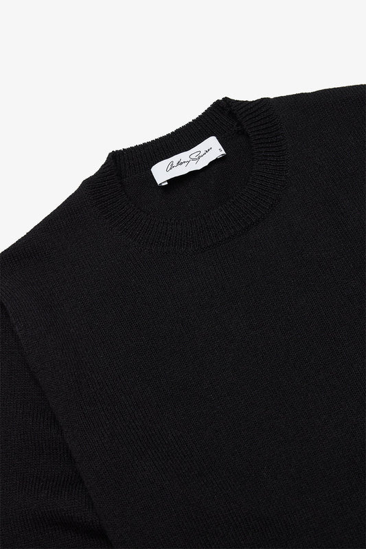 Image of a model wearing Tops. Product name - Asher Black Crewneck Knit in Black colour by brand - Anthony Squires