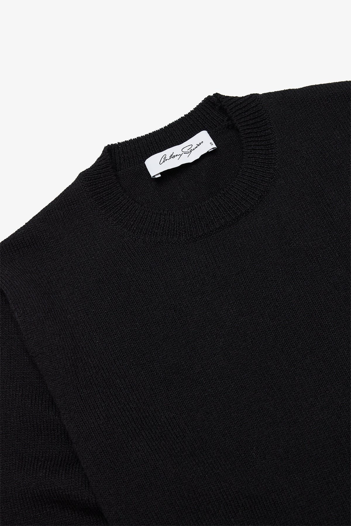 Image of a model wearing Tops. Product name - Asher Black Crewneck Knit in Black colour by brand - Anthony Squires