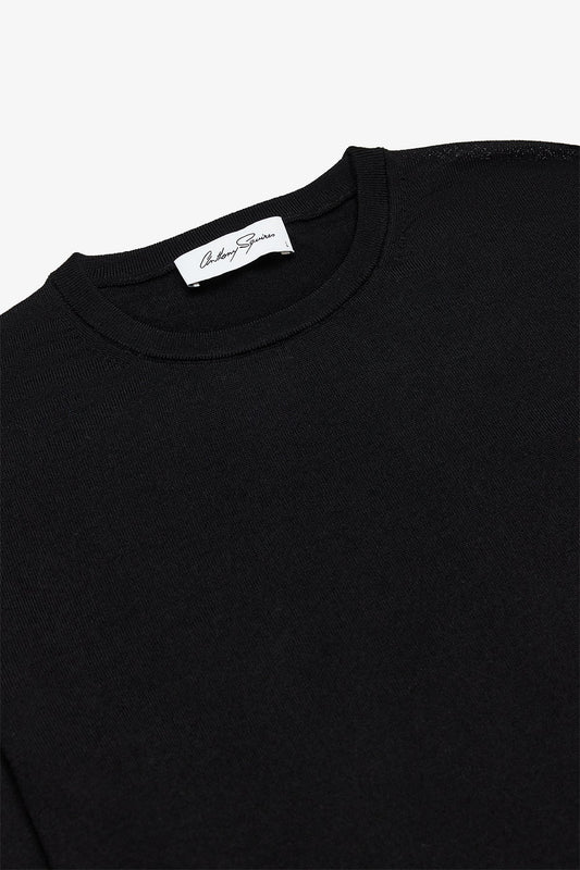 Image of a model wearing Tops. Product name - Oscar Black Crewneck Knit in Black colour by brand - Anthony Squires