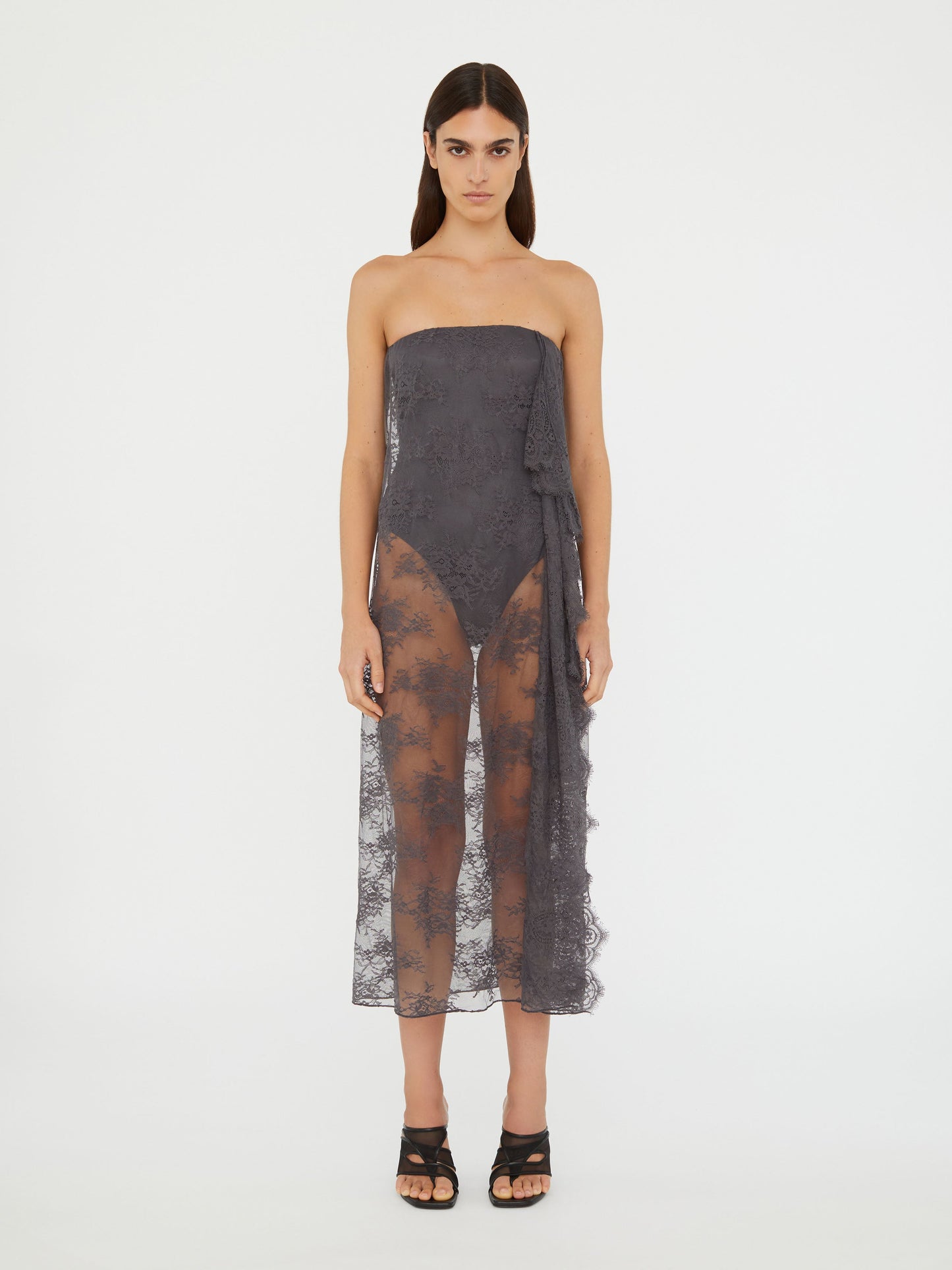 Image of Dresses. Productname: Christopher Esber Floating Lace Strapless Dress in Grey colour by brand - Christopher Esber