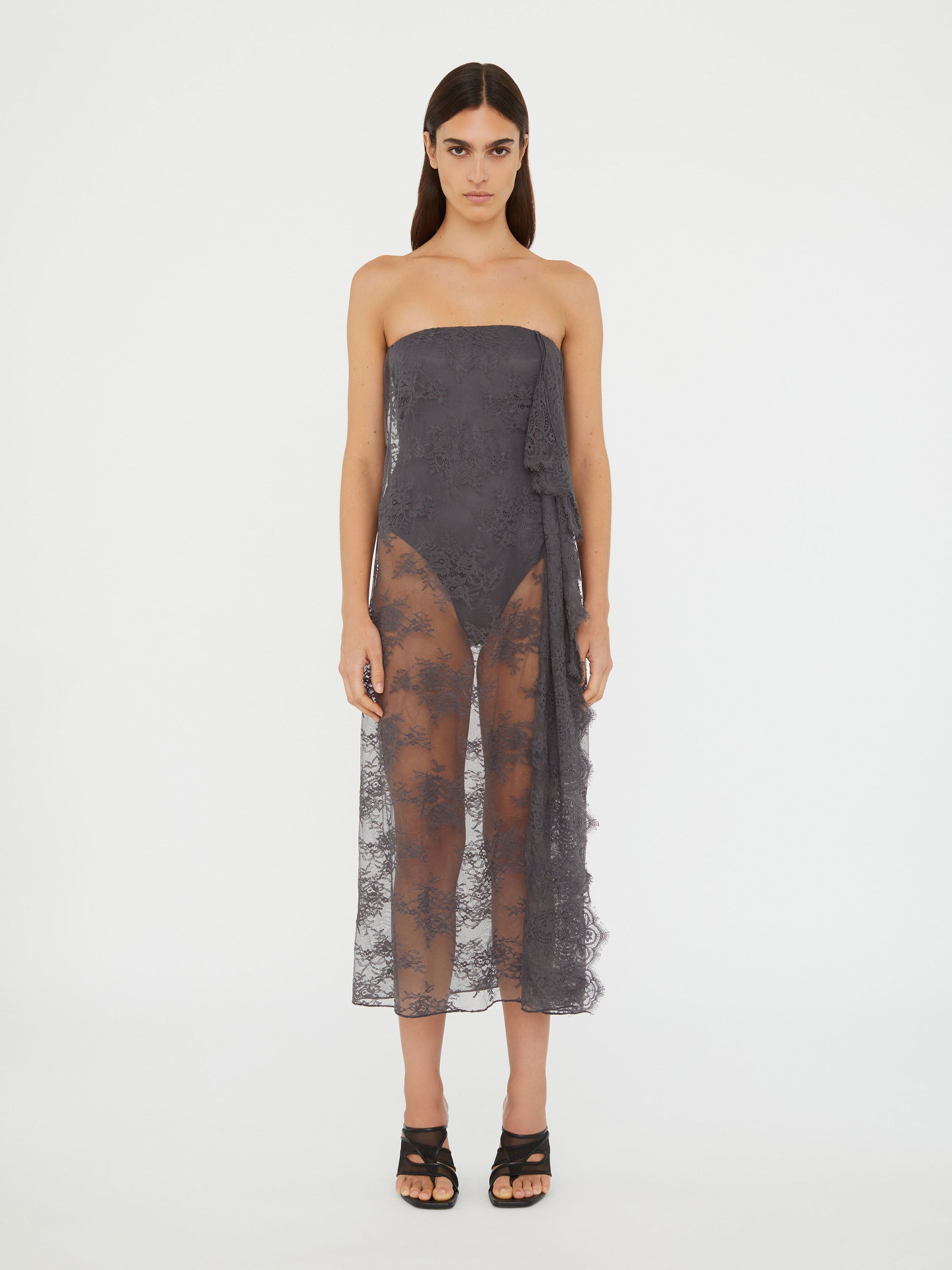 Image of Dresses. Productname: Christopher Esber Floating Lace Strapless Dress in Grey colour by brand - Christopher Esber