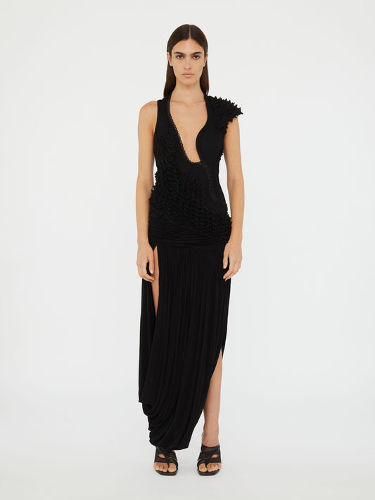 Image of Dresses. Product name - Vespertine Cutaway Lace Dress in Black colour by brand - Christopher Esber