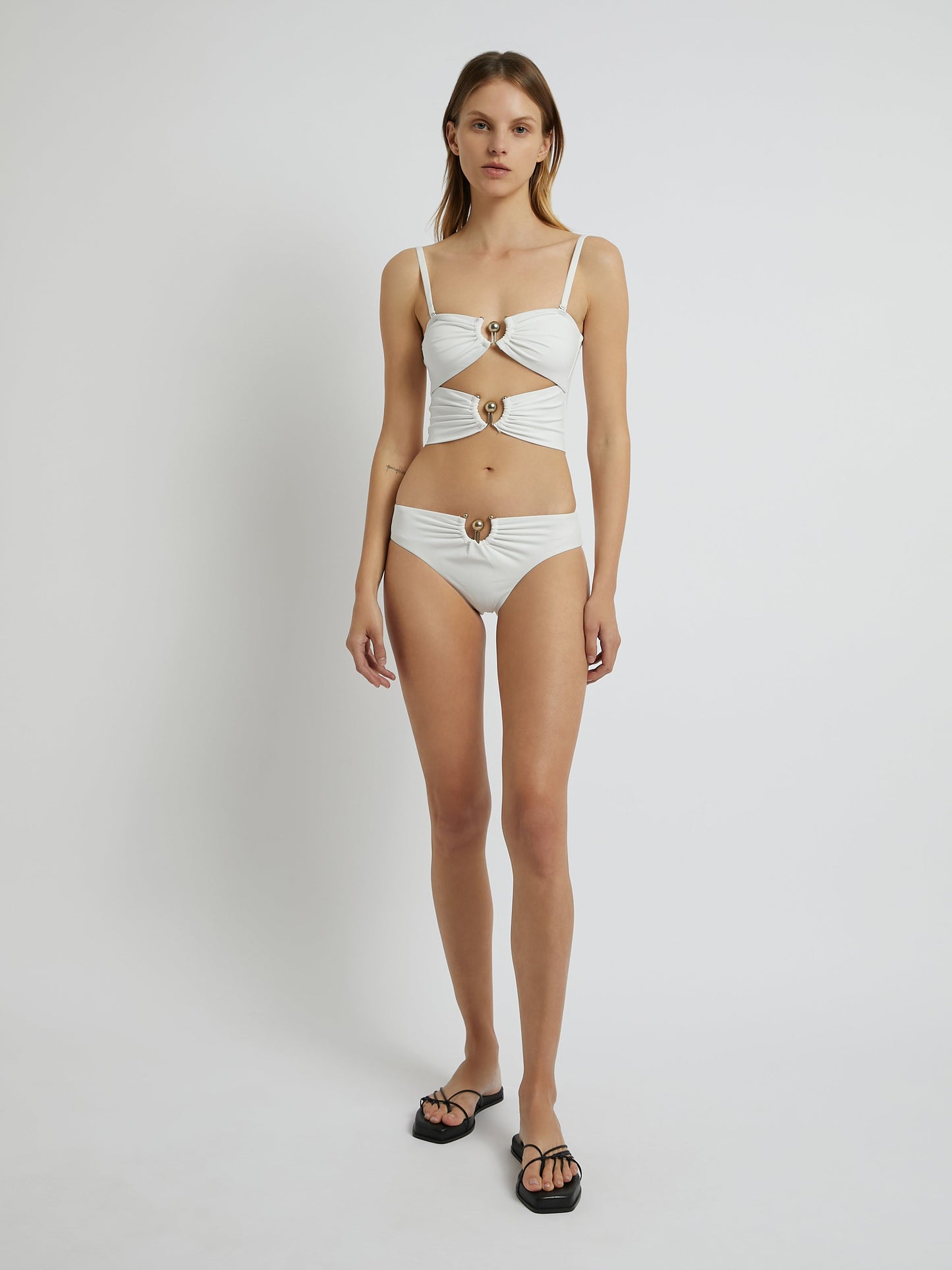 Image of Swimwear. Productname: Christopher Esber Orbit Ruched Low Brief in White colour by brand - Christopher Esber