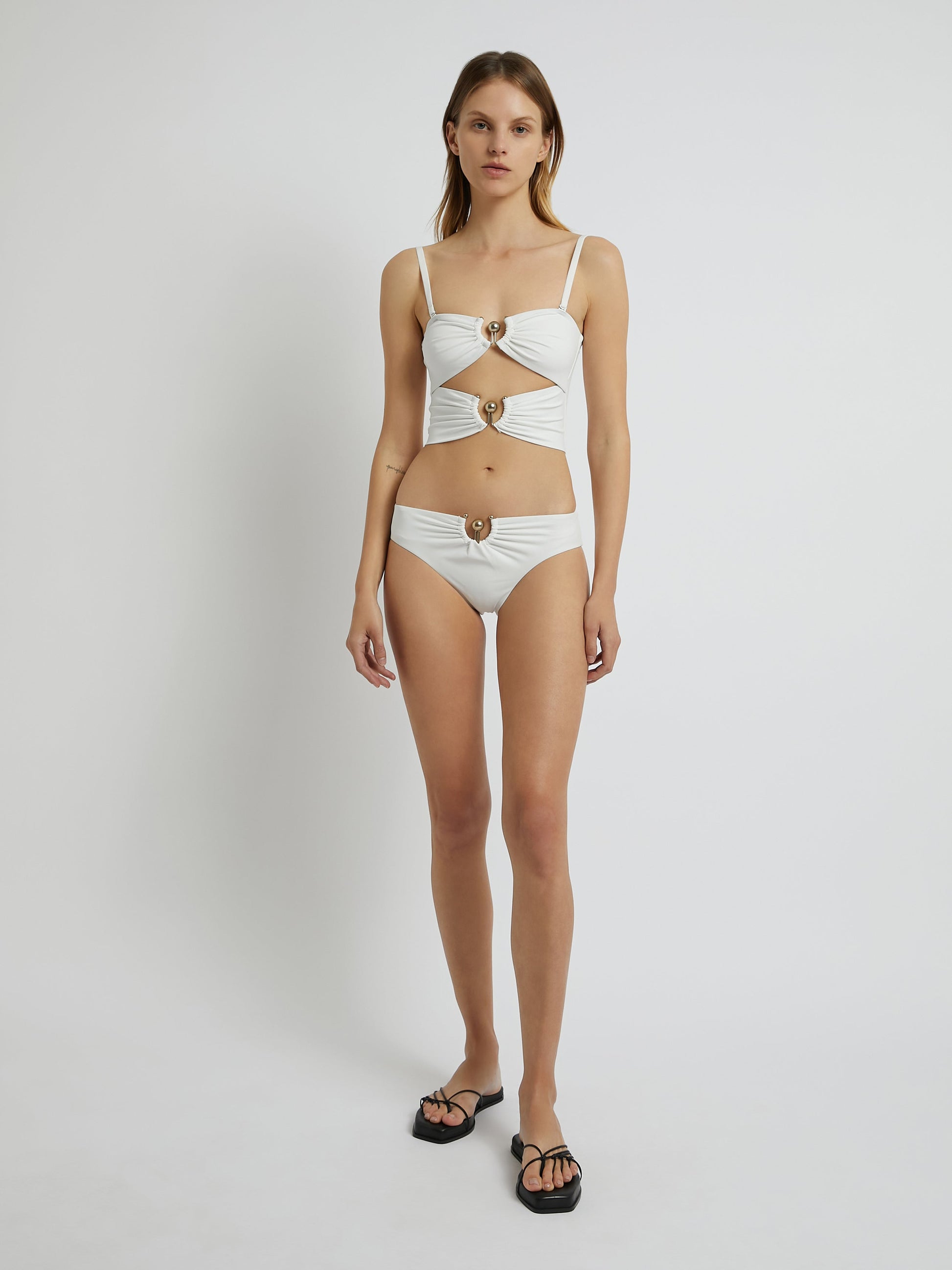 Image of Swimwear. Productname: Christopher Esber Orbit Ruched Low Brief in White colour by brand - Christopher Esber