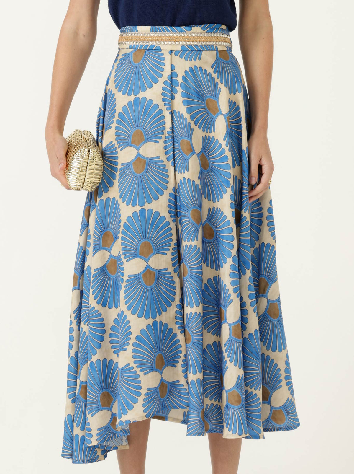 Image of a model wearing Skirts. Product name - SACHA DRAKE AMBROSIA SKIRT in Blue Tan colour by brand - Sacha Drake
