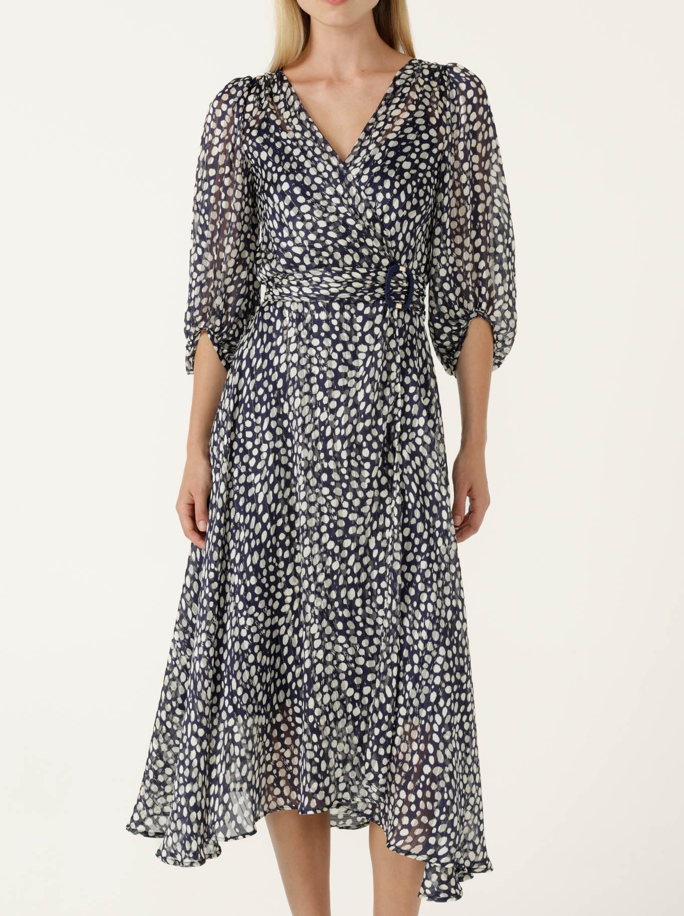 Image of Dresses. Product name - Sacha Drake Cloudland Wrap Dress in Navy White Spot colour by brand - Sacha Drake