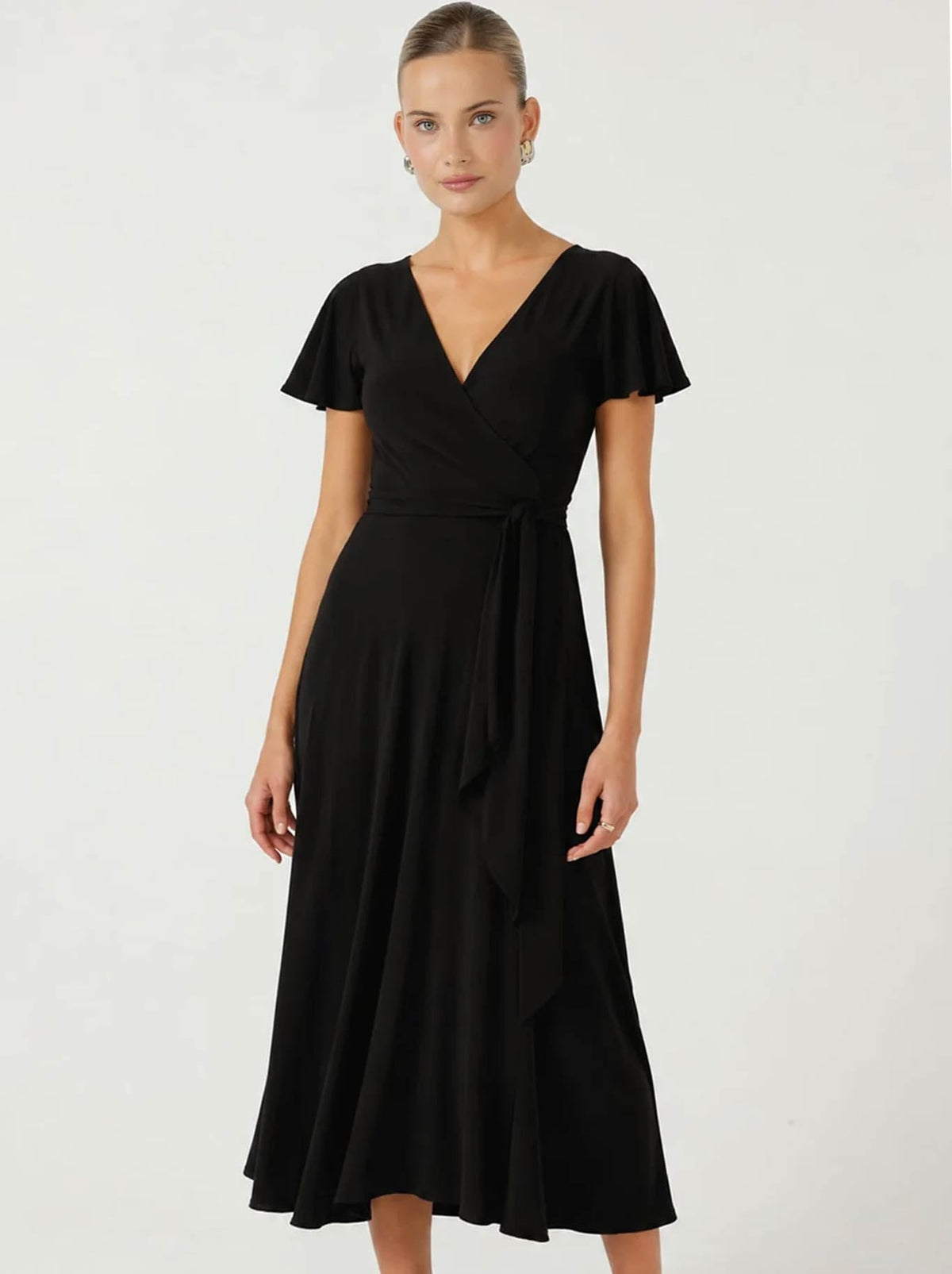 Image of Dresses. Product name - SACHA DRAKE FLUTE SLEEVE REVERSE WRAP DRESS in Black colour by brand - Sacha Drake