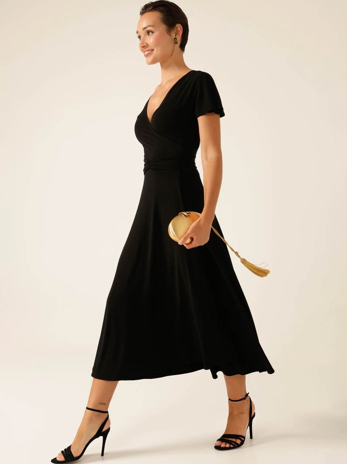 SACHA DRAKE FLUTE SLEEVE REVERSE WRAP DRESS (Black)