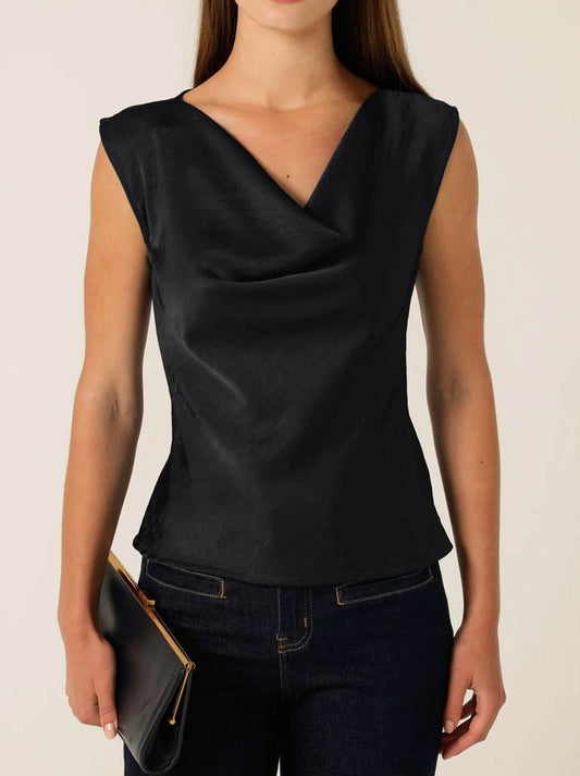Image of a model wearing Tops. Product name - Sacha Drake Luxe Cowl Bias Top in Black colour by brand - Sacha Drake
