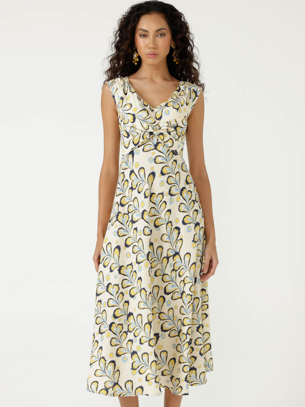 Image of Dresses. Product name - Sacha Drake Macedonia Midi Dress in Lemon Cream Blue colour by brand - Sacha Drake