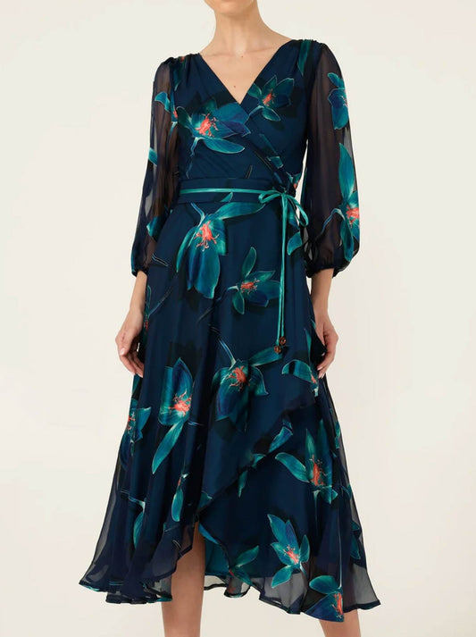 Image of Dresses. Product name - Sacha Drake Pendulum Wrap Dress in Teal Coral Flower colour by brand - Sacha Drake