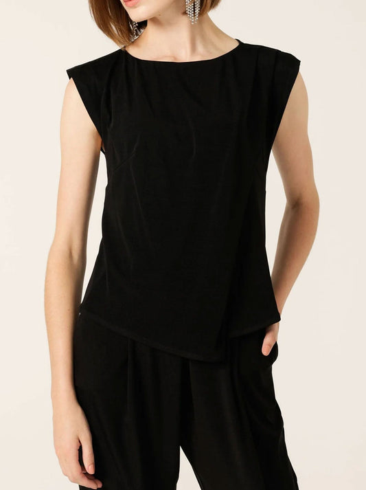 Image of a model wearing Tops. Productname: SACHA DRAKE PLEATED SHELL TOP in Black colour by brand - Sacha Drake Pty Ltd
