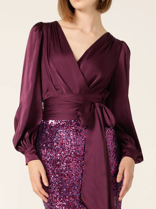 SATIN FAUX WRAP TOP (Black Cherry)