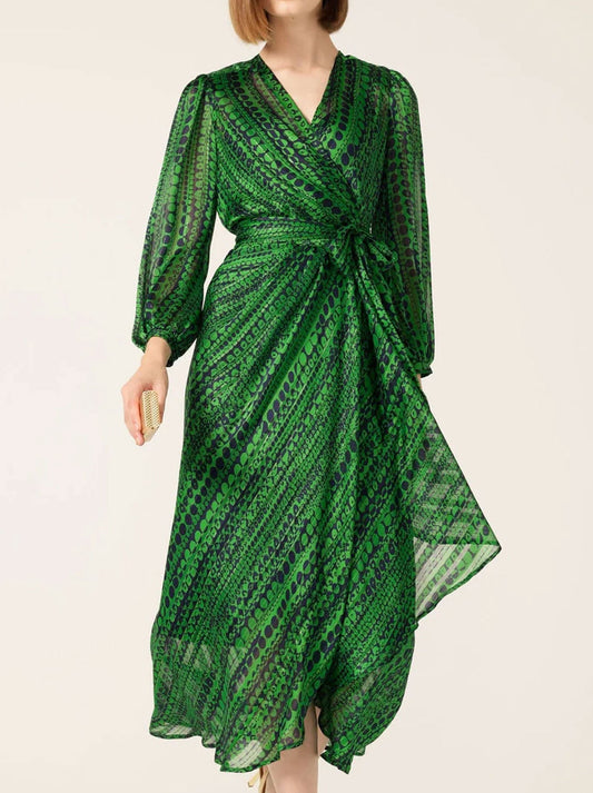 Image of Dresses. Productname: Sacha Drake Savoir Midi Wrap Dress in Navy Green Spot colour by brand - Sacha Drake Pty Ltd