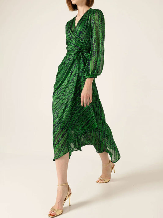 Sacha Drake Savoir Midi Wrap Dress (Navy Green Spot)