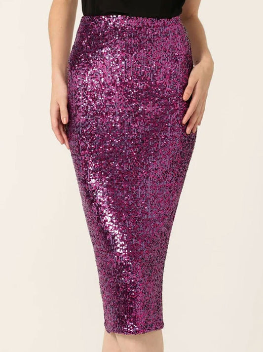 Image of a model wearing Skirts. Productname: SACHA DRAKE SEQUIN PENCIL SKIRT in Pink colour by brand - Sacha Drake Pty Ltd