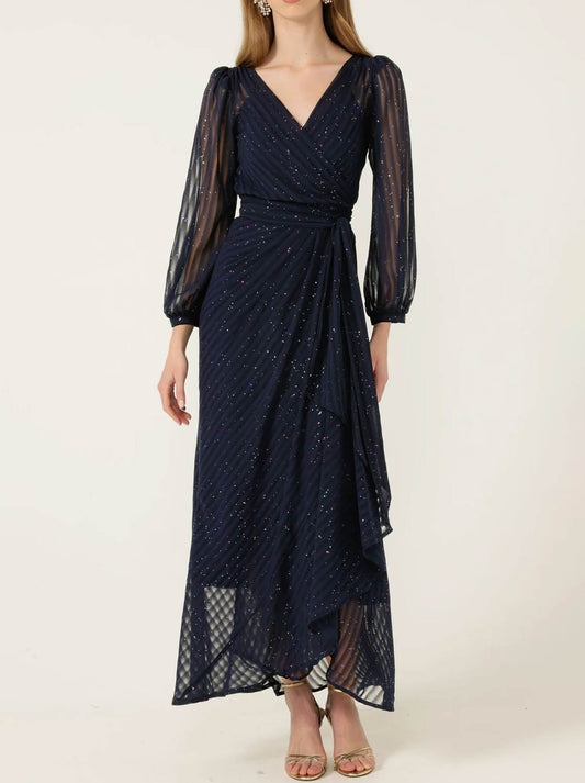 Image of Dresses. Product name - SACHA DRAKE SIERRA WRAP DRESS in Navy Sparkle colour by brand - Sacha Drake