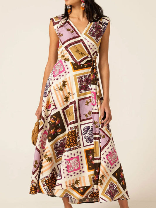 Image of Dresses. Productname: Sacha Drake Sunset Chase Wrap Dress in Magenta Chocolate Tile colour by brand - Sacha Drake Pty Ltd