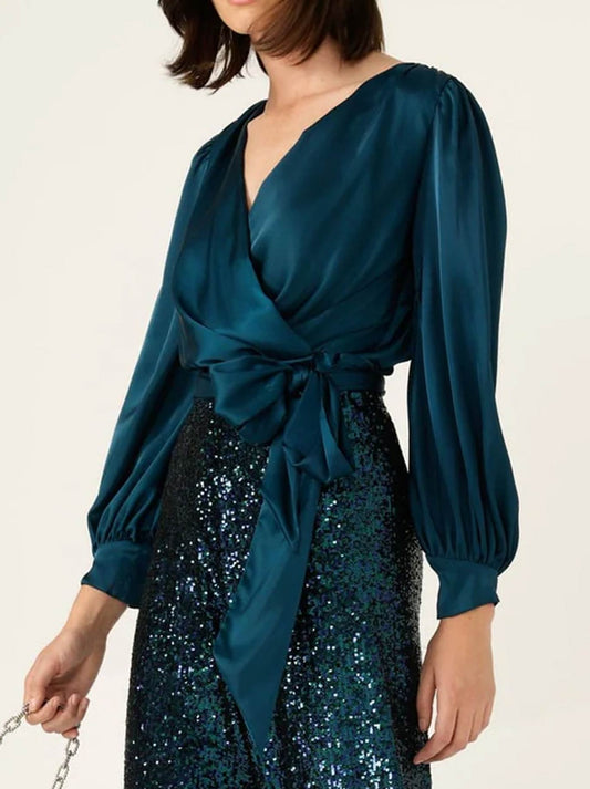 SACHA DRAKE SATIN FAUX WRAP TOP (Peacock)