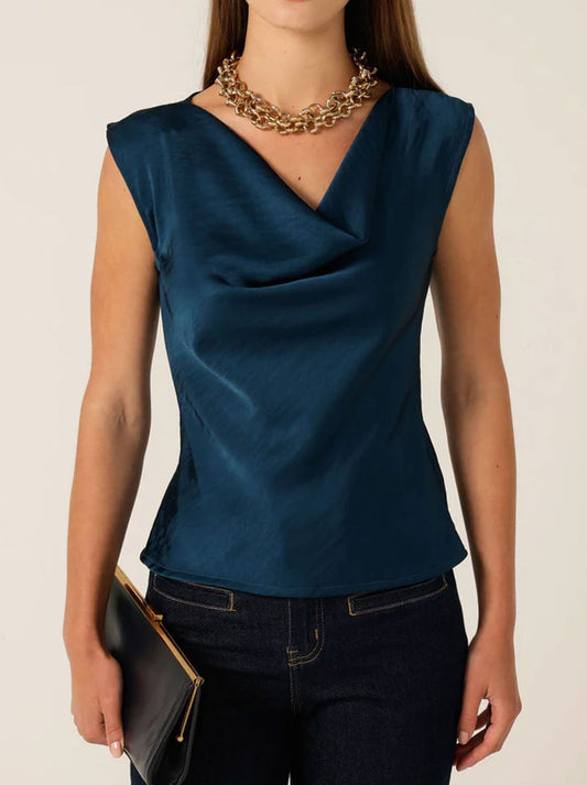 Image of a model wearing Tops. Productname: SACHA DRAKE COWL BIAS TOP in Steele Blue colour by brand - Sacha Drake Pty Ltd
