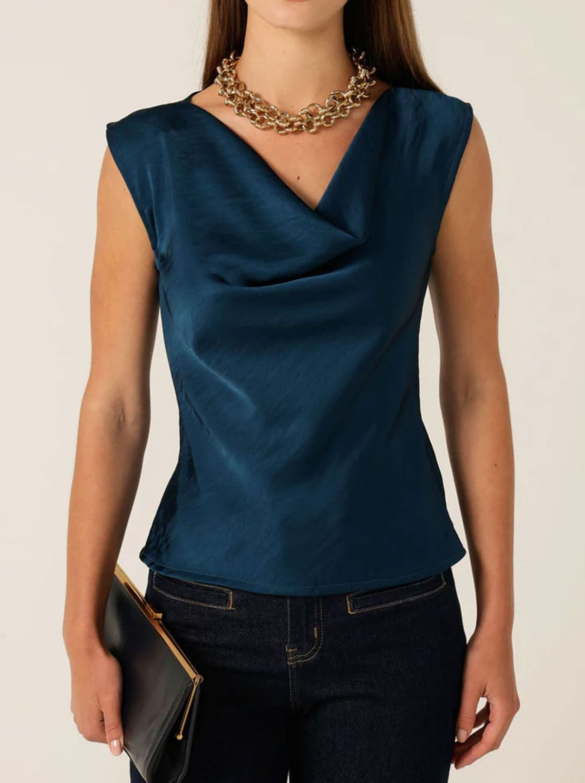 Image of a model wearing Tops. Product name - SACHA DRAKE COWL BIAS TOP in Steele Blue colour by brand - Sacha Drake Pty Ltd