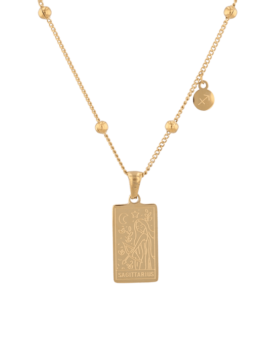 Image of Necklaces. Product name - Sagittarius Gold Zodiac Tag Necklace in colour by brand - LAVANA